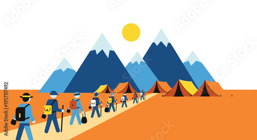 Group of hikers trekking through a mountain landscape with tents.