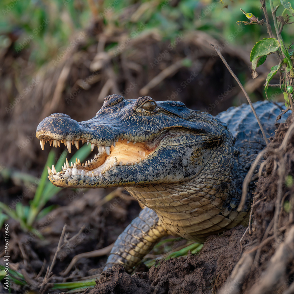 Fototapeta premium A close-up portrait of a young crocodile. A close-up of a crocodile resting on the shore, capturing the serene beauty and danger of the wild, highlighting the subtleties of nature and the predator's f