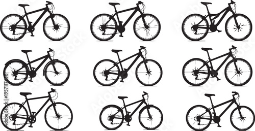 Multiple bicycles in different positions on white background illustration
