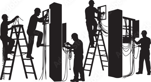 Silhouette of workers installing electrical wiring on large server racks
