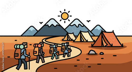 Group of hikers with backpacks walking on a winding path towards a campsite with tents and mountains in the background.