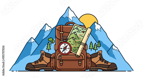 Hiking and Camping Gear with Mountains and Sun.