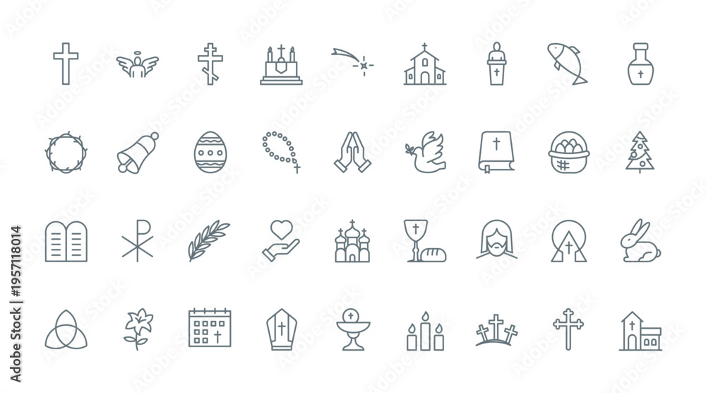 Obraz premium Christian religion thin black line icons set vector illustration. Outline catholic and baptism church and holy Bible, first communion and worship symbols, Christmas and Easter religious celebration