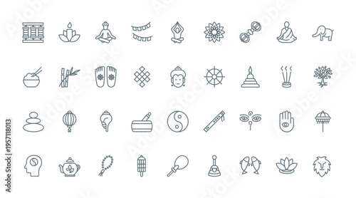 Buddhism thin black line icons set vector illustration. Thai temples and Buddha statue, holistic symbols of zen meditation, wellness and retreat, buddhist and monk spiritual poses for spirit balance