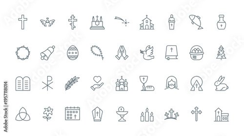 Christian religion thin black line icons set vector illustration. Outline catholic and baptism church and holy Bible, first communion and worship symbols, Christmas and Easter religious celebration
