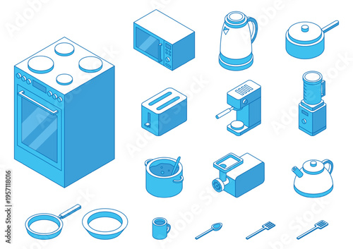 Isometric kitchen items. Small appliances, stove, microwave and kettle. Toaster, pots and coffee maker. Isolated 3d crockery and utensils, nifty vector set