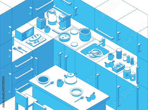 Isometric line kitchen concept. Messy kitchen, cooking process. Food preparation, eating and baking. Different utensils, full empty plates, nifty vector scene
