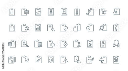 Documents on clipboards, thin line icons set vector illustration. Outline task list and medical form, approved work project with tick, data record with pencil or pen, test questionnaire and contract