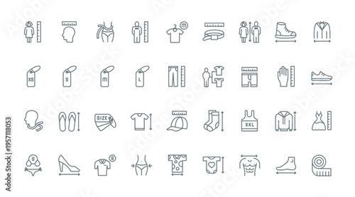 Apparel and shoe size thin black line icons set vector illustration. Tailors guide charts, human body parts and head to measure size of dress and shirt, chest and neck, waist and hip circumference