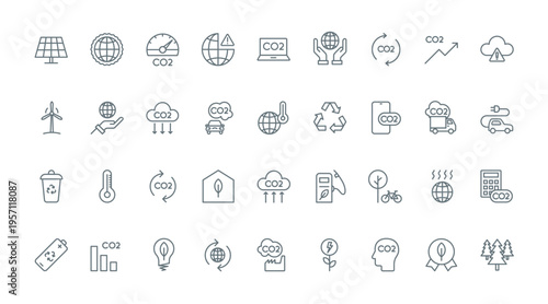 CO2 emissions thin line icons set vector illustration. Outline carbon neutral and net zero symbols, greenhouse gas and environment pollution reduction with eco friendly sustainable energy, industry