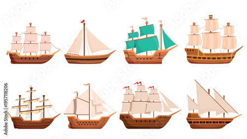 Cartoon vintage ships. Wooden ship, sailboat, brigantines. Water transport with raised sails, old style traditional vessels for travel, adventures, sapid vector set