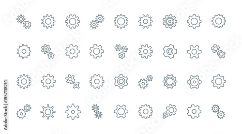 Gears and cogwheels thin line icons set vector illustration. symbols of circle transmission gears for factory machinery and machine engine, bike and clock sprocket, teamwork progress and setting signs