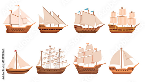 Cartoon old sailboats. Traditional wooden vessels and brigantines. Navy, frigates for travel, sea and ocean adventures. Nautical transport sapid vector set
