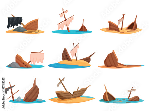 Shipwreck scenes. Cartoon broken ships, boats on sand beach, in water. Vessel broken on stones or rocks. Sinking wooden ship, orl brigantine, sapid vector landscape elements