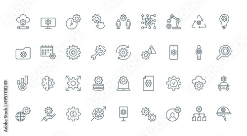 Gears, operations of repair and maintenance system line icons set vector illustration. Outline cogwheels of mechanism and wrench, pictograms of control and update data, technical modification