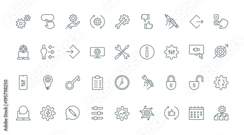 Control and management of system productivity line icons set vector illustration. Outline gears and cogwheels of machine engine, repair and maintenance service tools for modification and setup