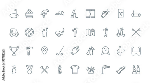 Golf thin line icons set vector illustration. Outline pictograms equipment collection for golfer, hole for ball and flag on grass field, putting activity of training player and cup award, electric car