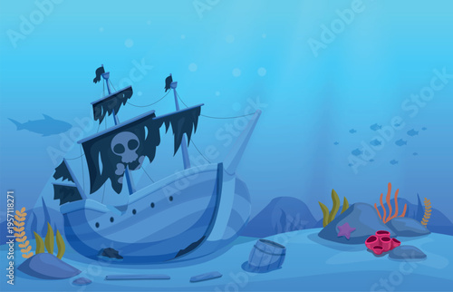 Sunken pirate ship. Dilapidated wooden old sailboat with torn pirate flag on seabed. Underwater illustration, ship silhouettes, seaweeds, sapid vector background