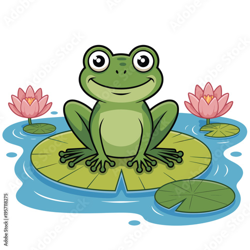 Cartoon frog cheerfully sits on a lily pad with pink lotus flowers