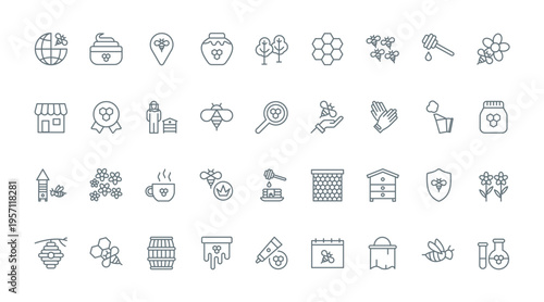 Honey, apiary and beekeeping thin line icons set vector illustration. Outline honey farm symbols collection with propolis and pollen, sweet nectar of flower flavor and honeycomb, beekeeper and beehive