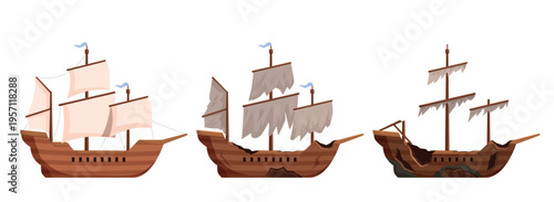 Broken ship. Vintage wooden brigantine, destruction of the boat step by step. Different stages of ols vessel, marine transport for adventures, sapid vector elements