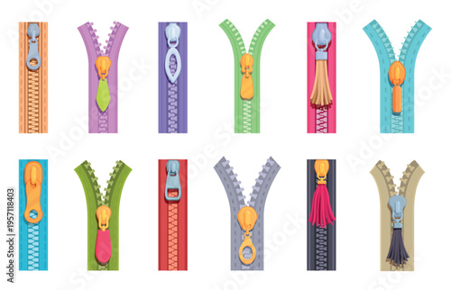 Cartoon zipper. Different bright zippers with metal pullers. Stylish elements for cloth and bags. Puller with thread and leather tassel, sapid vector set