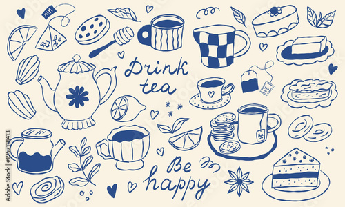 Hand-drawn tea set with cakes and citrus. Blue ink style on cream background. Cute, cozy, and cheerful for tea lovers. Perfect for cafes, blogs, or holiday designs