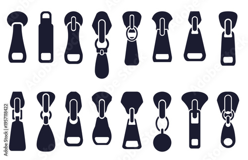 Black zipper pulls. Pullers silhouettes different shapes. Isolated fashionable and tailor elements. Bags or clothing zippers puller, sapid vector set