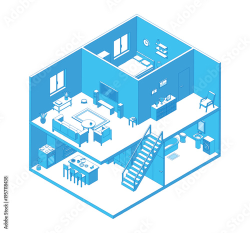 Isometric house interior. Two story home with living room, bedroom, bathroom, kitchen. Fully furnished building. Open model for ad, presentation, nifty vector scene