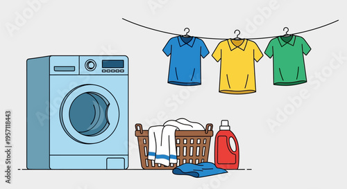 Laundry day essentials - washing machine, clothesline, basket, and detergent.