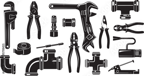 Collection of various black tools and equipment on white background