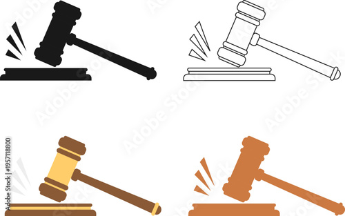 Judge gavel and auction hammer set icons in different styles for law justice vector illustration