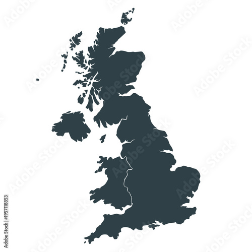 A dark silhouette of the british isles and surrounding landmasses