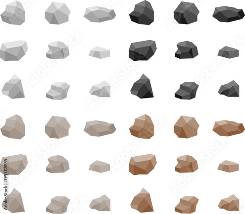 Low poly stone rock boulders set for game environment landscape design vector illustration isolated elements