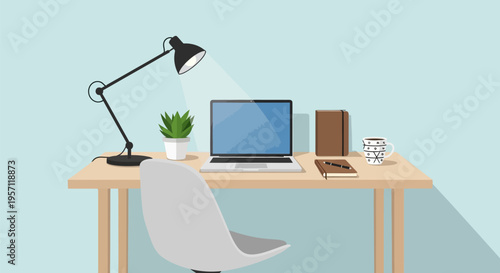 Modern Home Office Setup with Laptop, Desk Lamp, and Potted Plant.