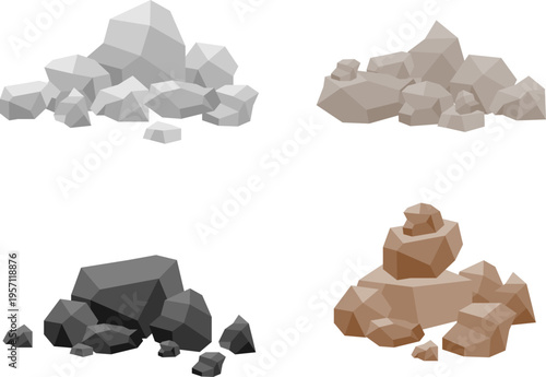 Low poly stone rock boulders set in different colors for game environment landscape vector illustration