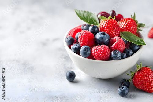 ミックスベリーの華やかでフレッシュなデザートイメージ（コピースペースあり）｜Fresh mixed berries dessert in a clean modern style（copy space）