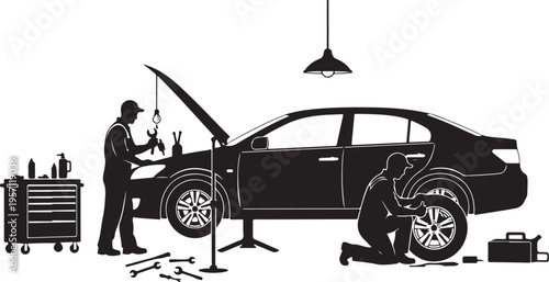 Mechanics working on a car in a garage setting