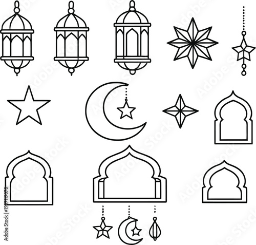 Islamic Lantern and Crescent Decorative Elements Set