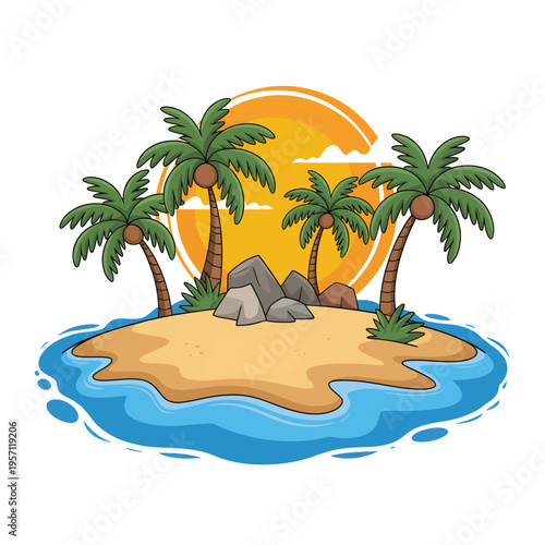 Tropical island illustration with palm trees and a vibrant sunset backdrop