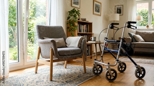 Rollator walker standing in a cozy living room near an armchair and sofa in daylight, home care and accessibility concept for independent mobility and aging in place