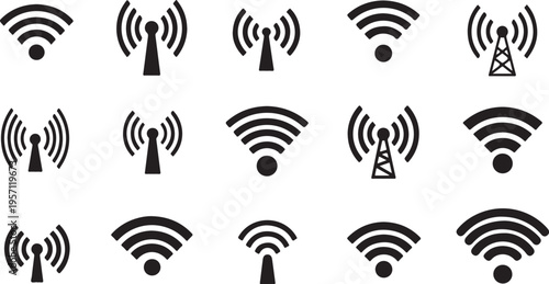 Black and white WiFi signal tower icons on white background