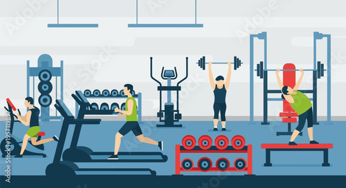 People exercising in a gym, engaging in various fitness activities.