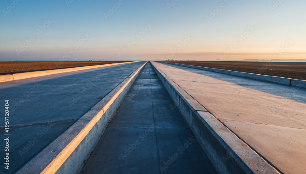 Fototapeta premium Empty highway with concrete barriers extending into the horizon during sunset.