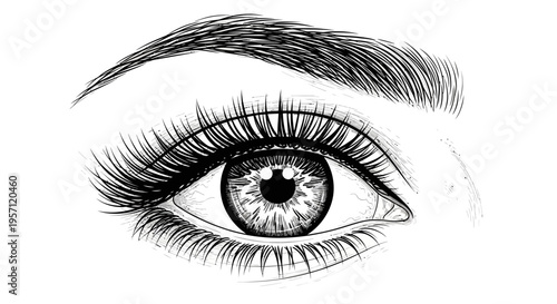 Realistic Eye Drawing – Detailed Eyelash Eyebrow Sketch Vector Illustration