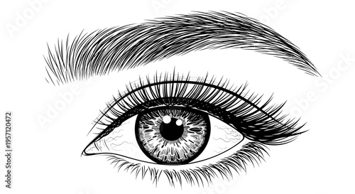 Realistic Eye Drawing – Detailed Eyelash Eyebrow Sketch Vector Illustration