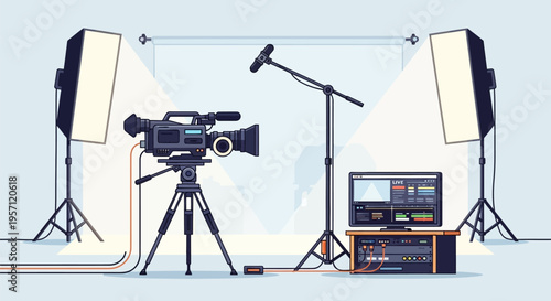 Professional video production studio setup with camera, lighting, microphone, and editing equipment.