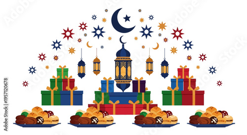 Ramadan Kareem celebration with gifts, lanterns, and traditional food.