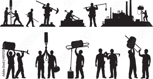 Silhouettes of workers in various industrial occupations and tasks daily