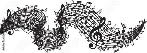 Musical notes and treble clef in a swirling pattern design